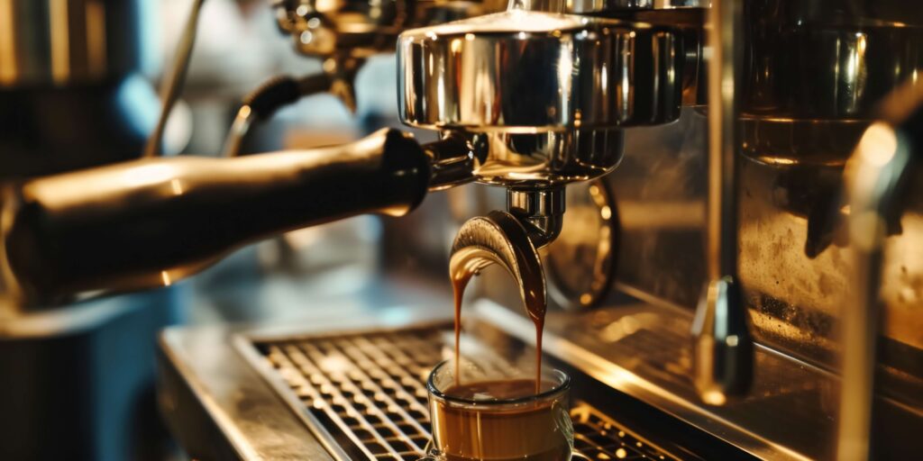 Close up of an espresso machine making coffee